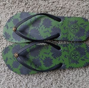 Tory Burch Green and Navy Blue flip flops